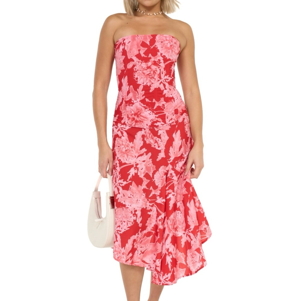 Miaou Red and White High-Low A-Line Midi Skirt
